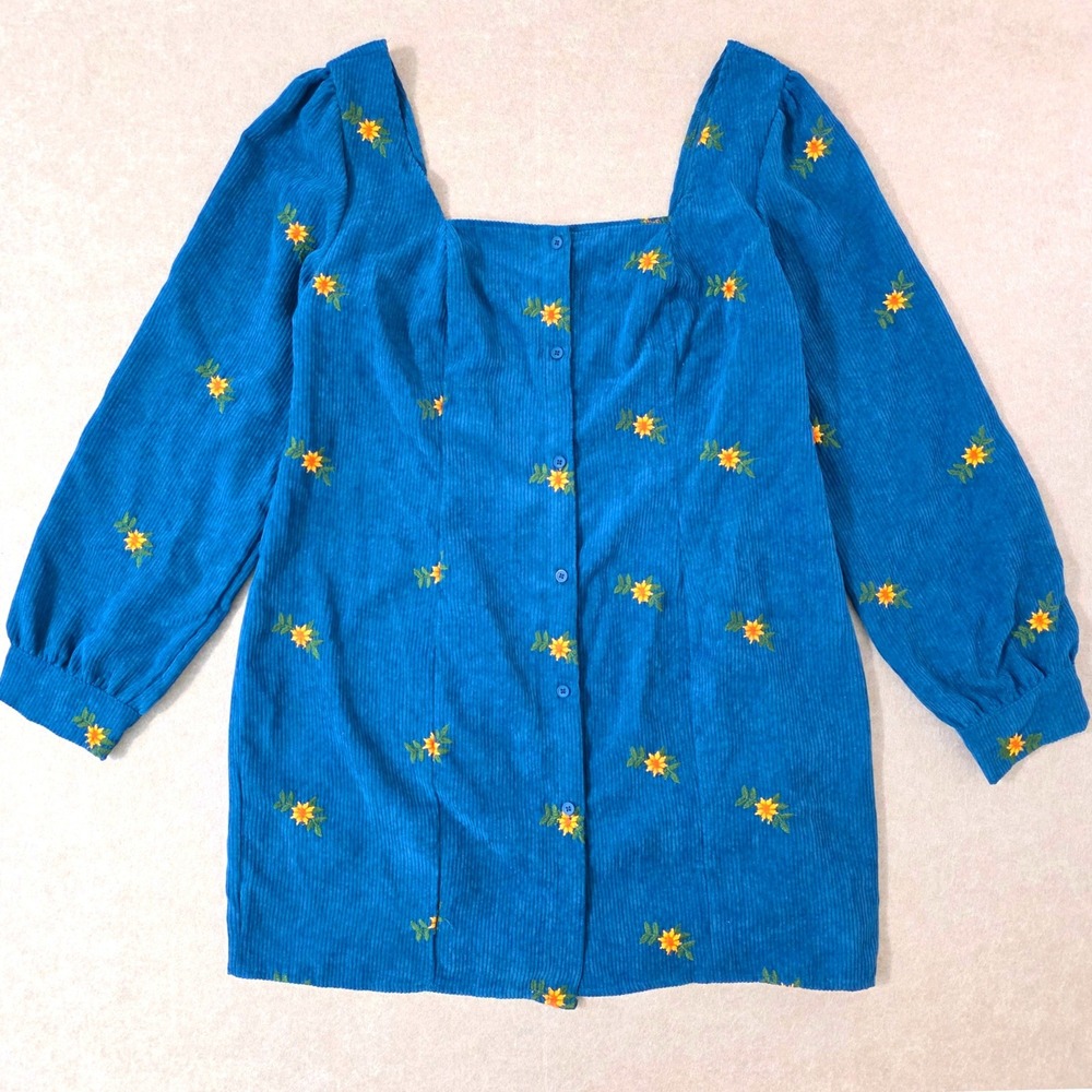 Cider Floral Corduroy‎ Puff Sleeve Mini Dress Sz 2XL Square Twee Cottage